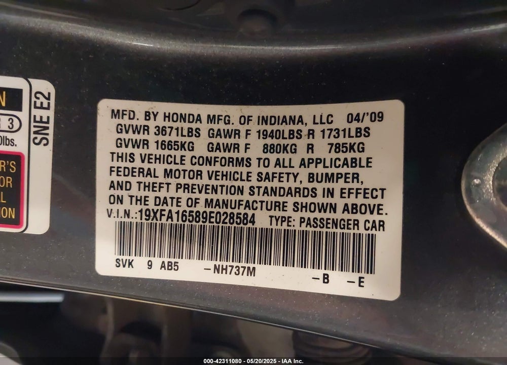 2009 HONDA CIVIC LX VIN: 19XFA16589E028584
