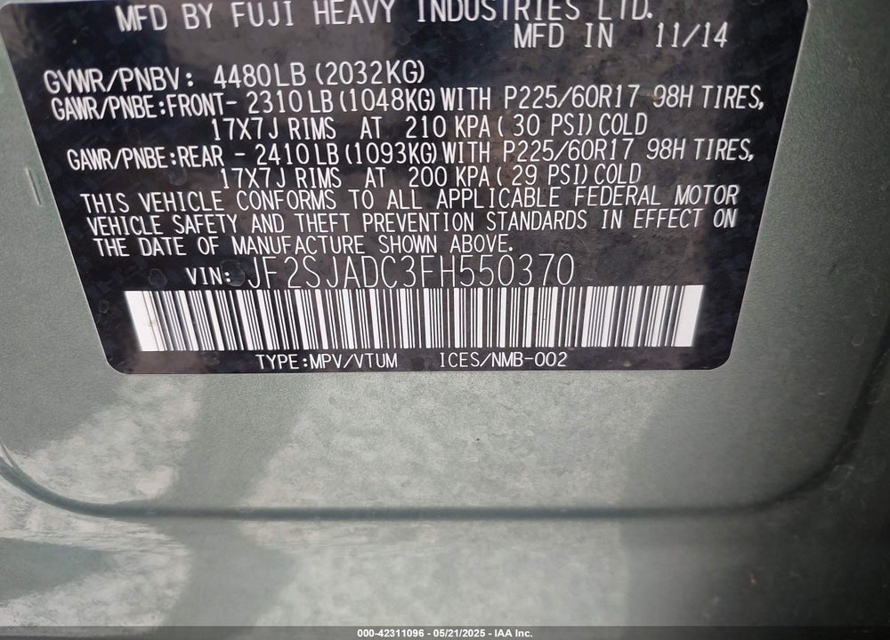 2015 SUBARU FORESTER VIN: JF2SJADC3FH550370