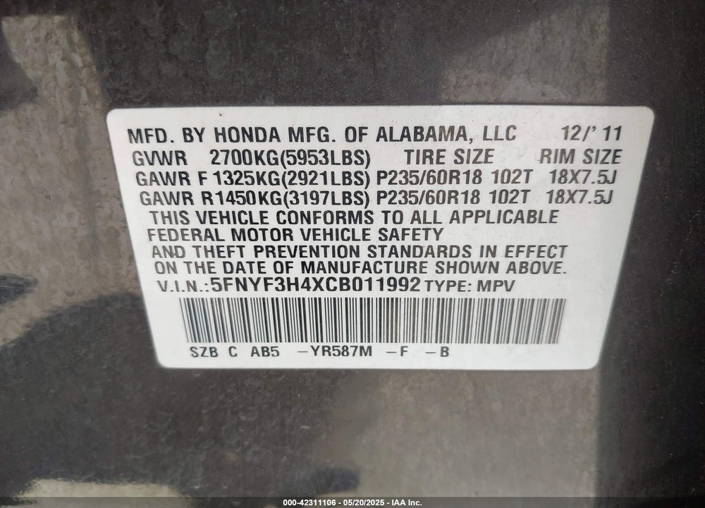 2012 HONDA PILOT VIN: 5FNYF3H4XCB011992