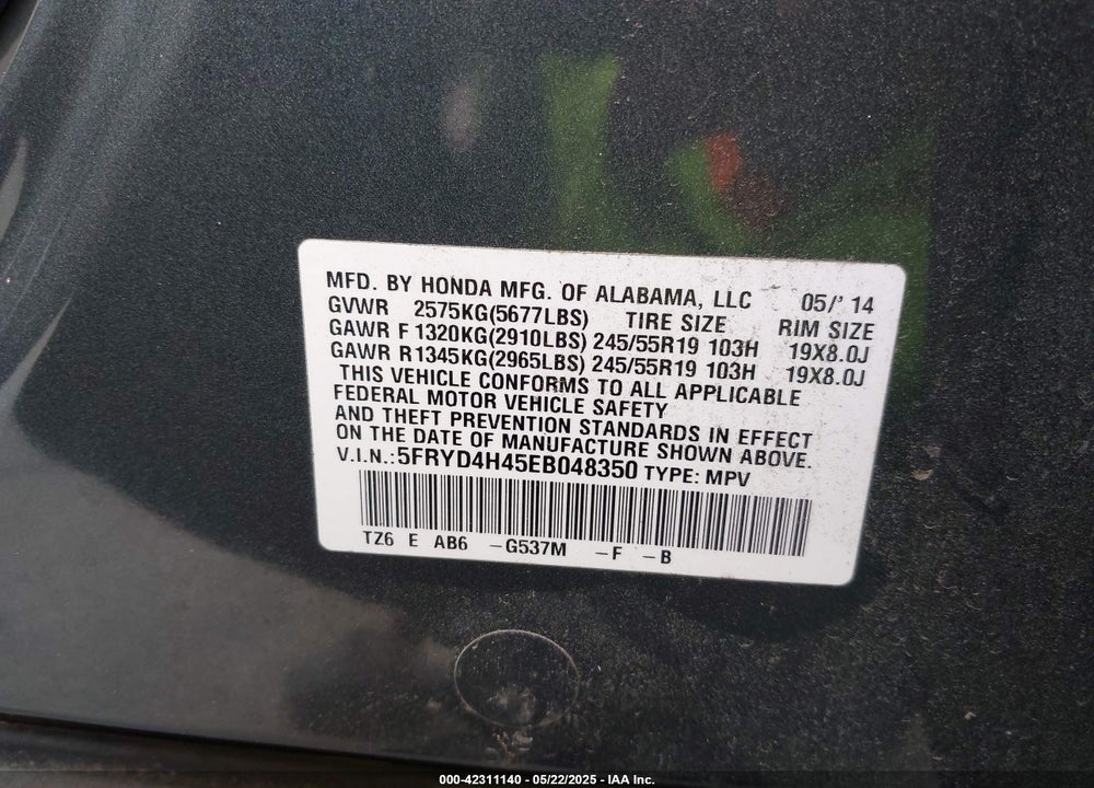2014 ACURA MDX VIN: 5FRYD4H45EB048350