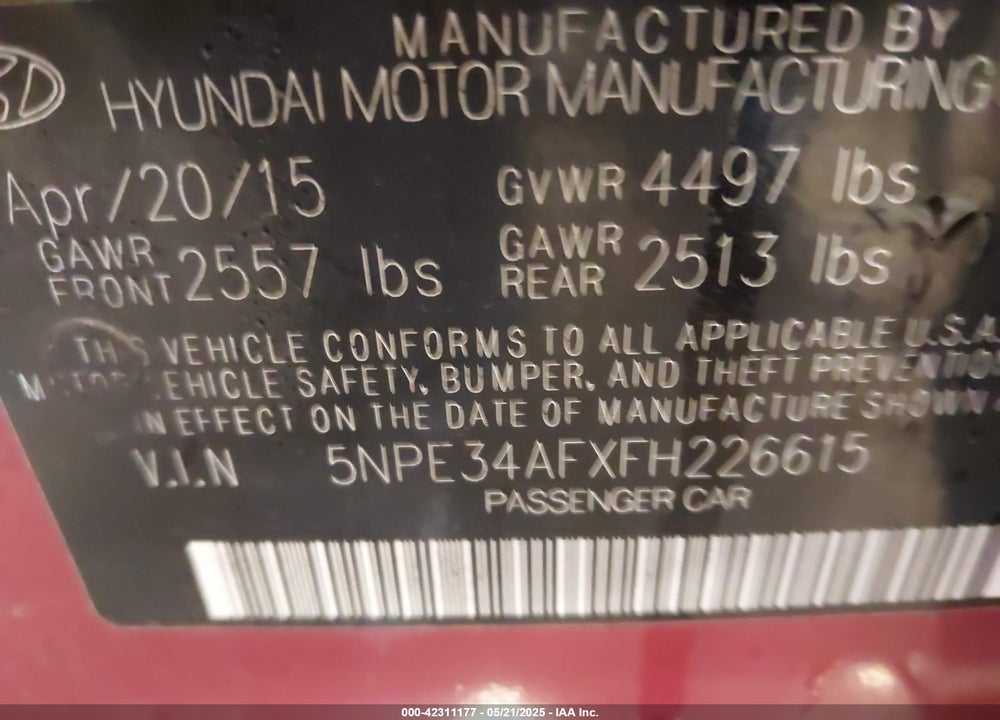 2015 HYUNDAI SONATA VIN: 5NPE34AFXFH226615