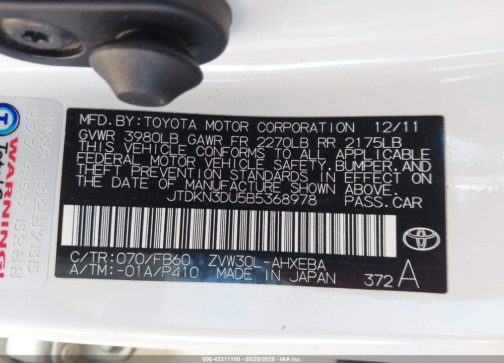 2011 TOYOTA PRIUS VIN: JTDKN3DU5B5368978