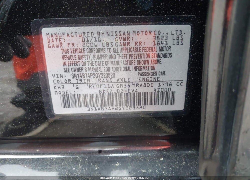 2016 NISSAN SENTRA S VIN: 3N1AB7AP2GY223520