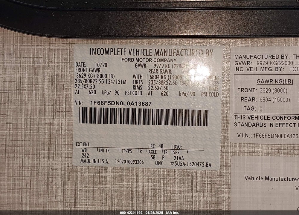 2020 FORD F53 VIN: 1F66F5DN0L0A13687