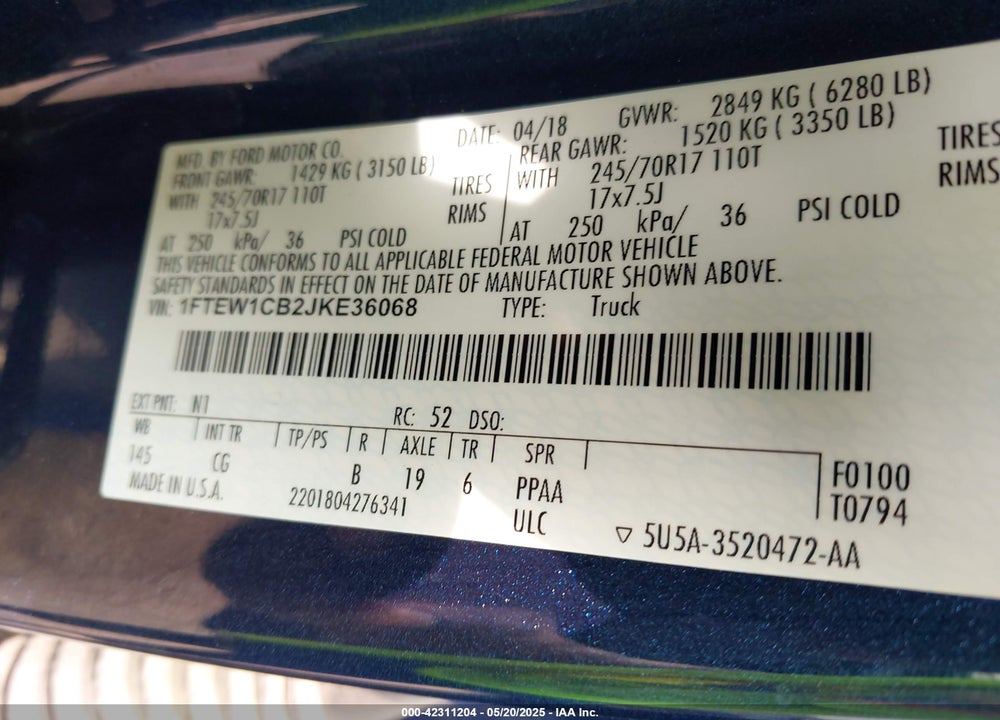 2018 FORD F-150 XL VIN: 1FTEW1CB2JKE36068