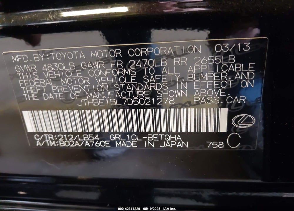 2013 LEXUS GS 350 VIN: JTHBE1BL7D5021278