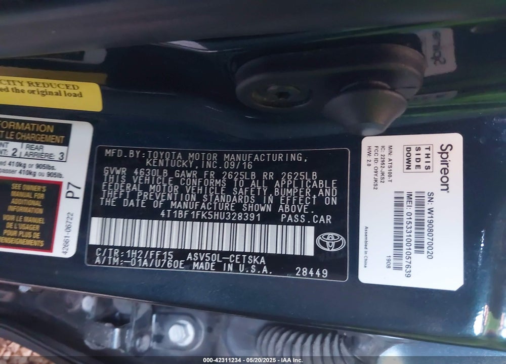 2017 TOYOTA CAMRY VIN: 4T1BF1FK5HU328391