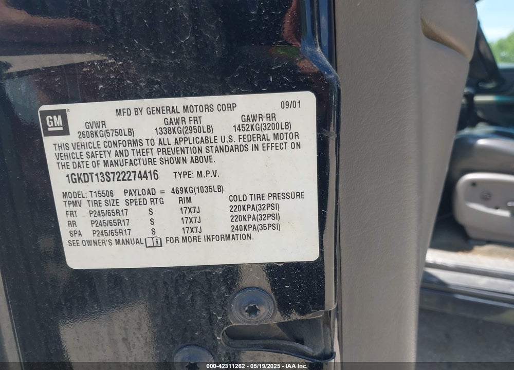 2002 GMC ENVOY SLT VIN: 1GKDT13S722274416