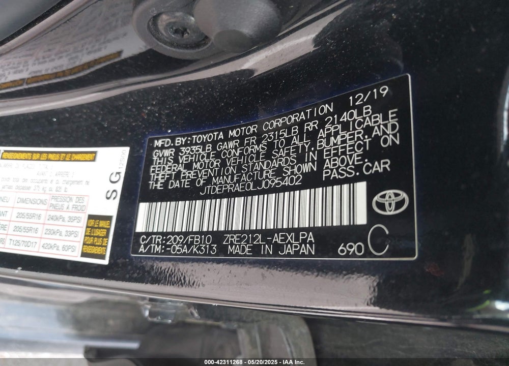2020 TOYOTA COROLLA VIN: JTDEPRAE0LJ095402