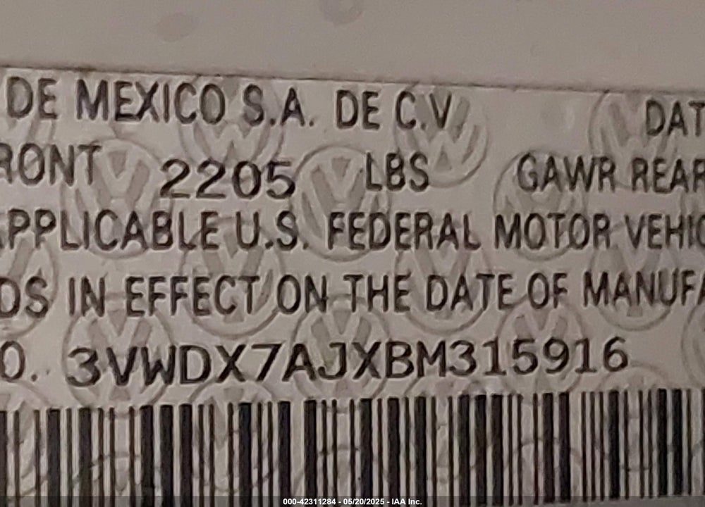 2011 VOLKSWAGEN JETTA VIN: 3VWDX7AJXBM315916