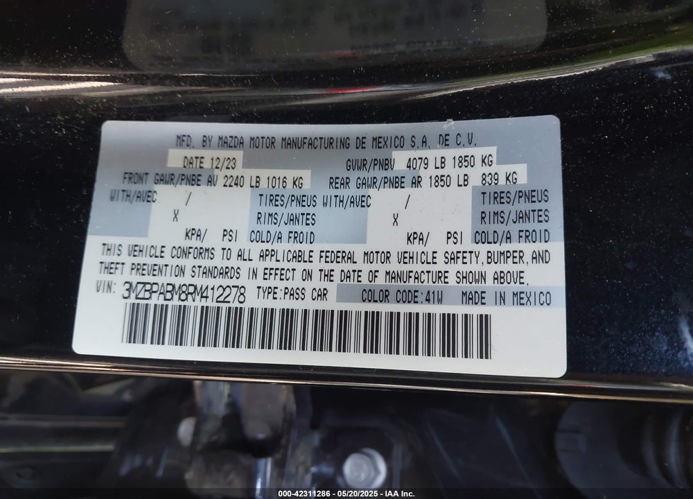 2024 MAZDA 3 VIN: 3MZBPABM8RM412278
