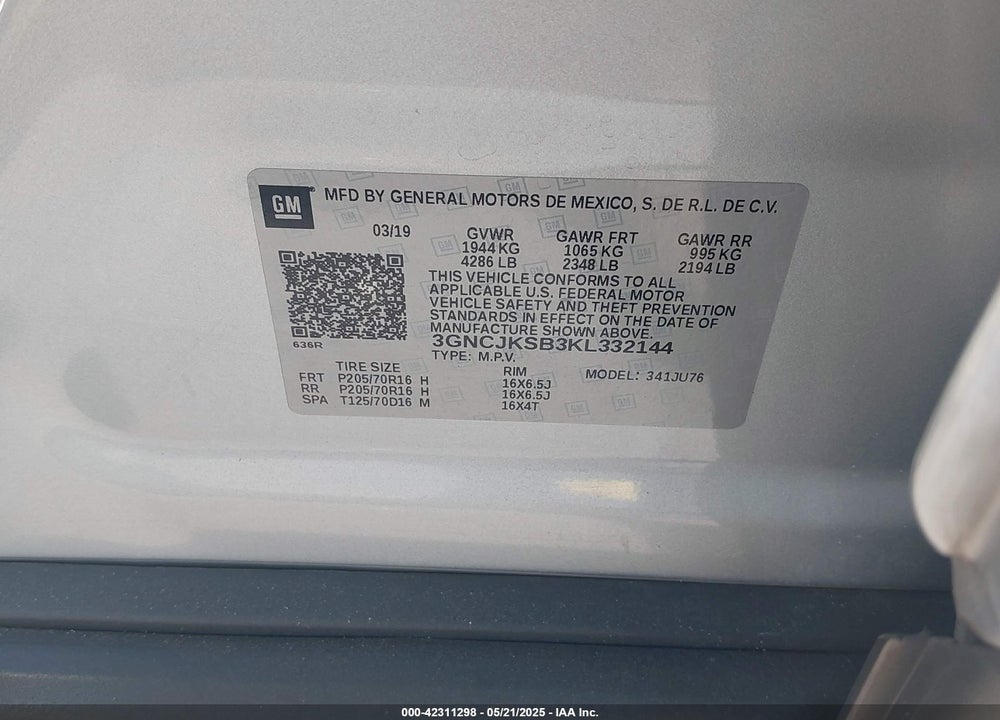 2019 CHEVROLET TRAX LS VIN: 3GNCJKSB3KL332144