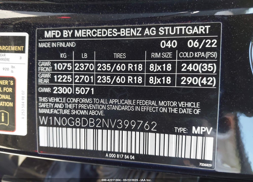 2022 MERCEDES-BENZ GLC 300 SUV VIN: W1N0G8DB2NV399762