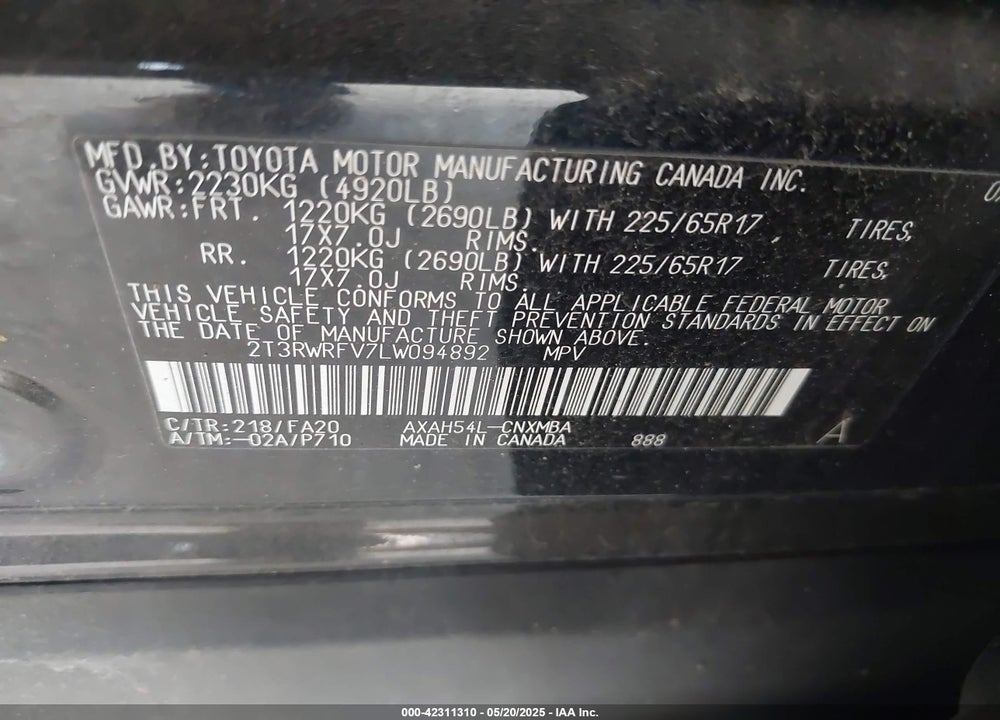 2020 TOYOTA RAV4 HYBRID XLE VIN: 2T3RWRFV7LW094892