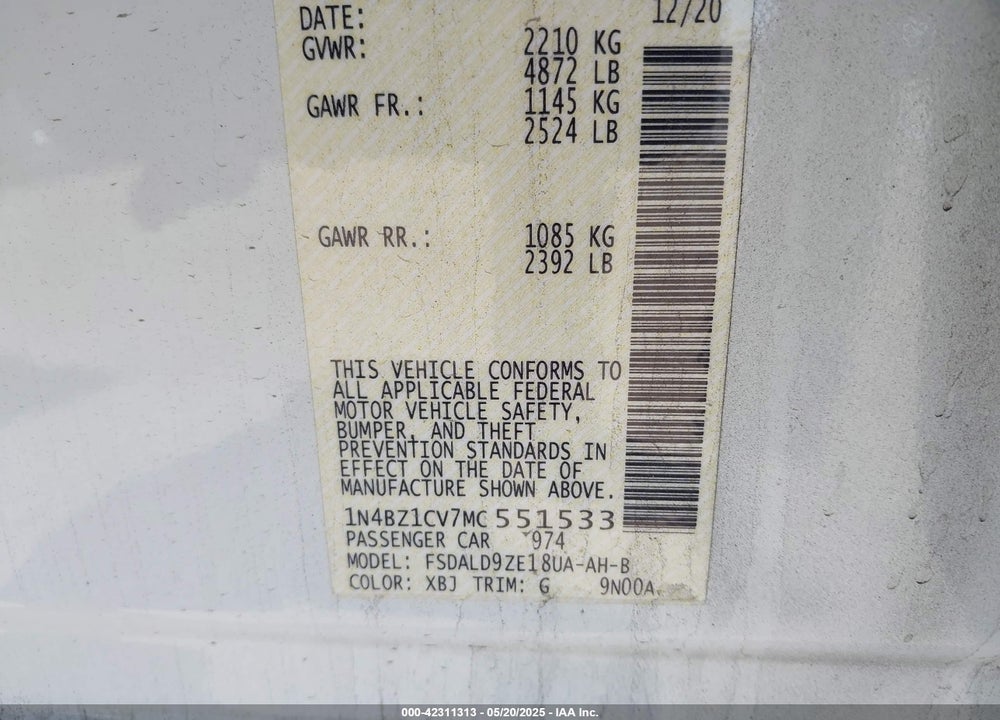 2021 NISSAN LEAF VIN: 1N4BZ1CV7MC551533