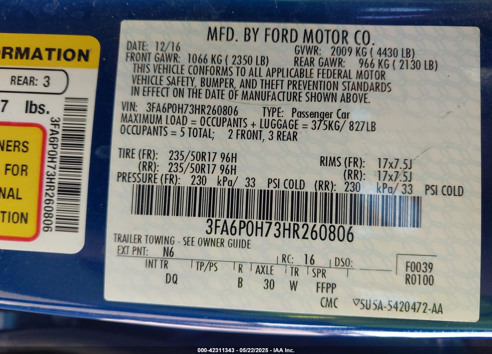 2017 FORD FUSION SE VIN: 3FA6P0H73HR260806