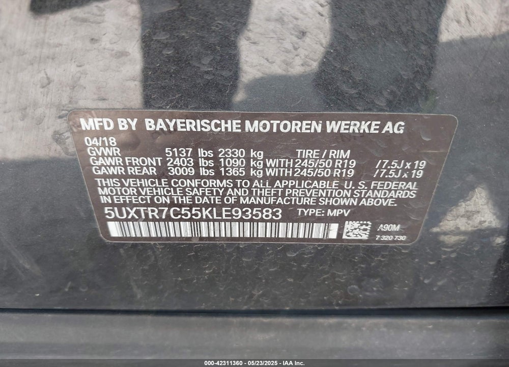 2019 BMW X3 SDRIVE30I VIN: 5UXTR7C55KLE93583
