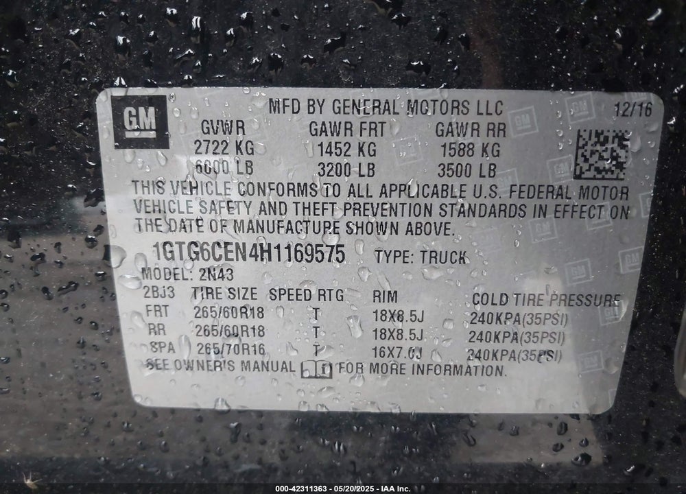 2017 GMC CANYON VIN: 1GTG6CEN4H1169575