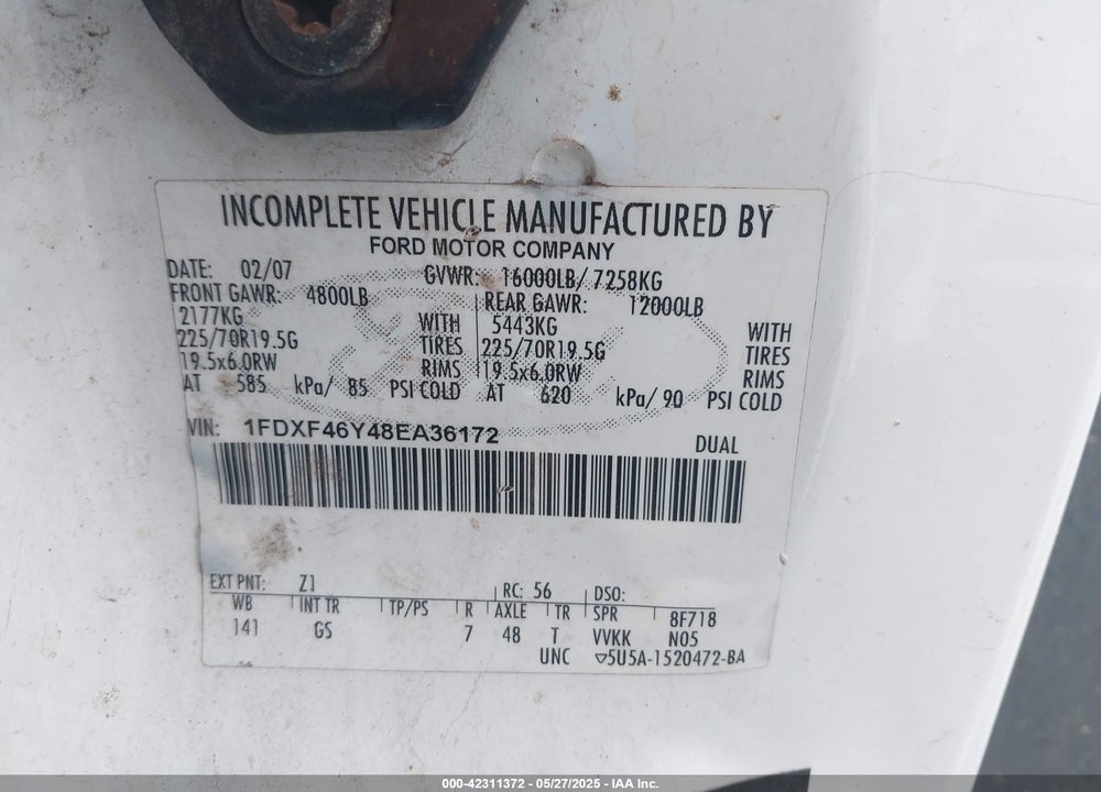 2008 FORD F-450 CHASSIS XL/XLT VIN: 1FDXF46Y48EA36172