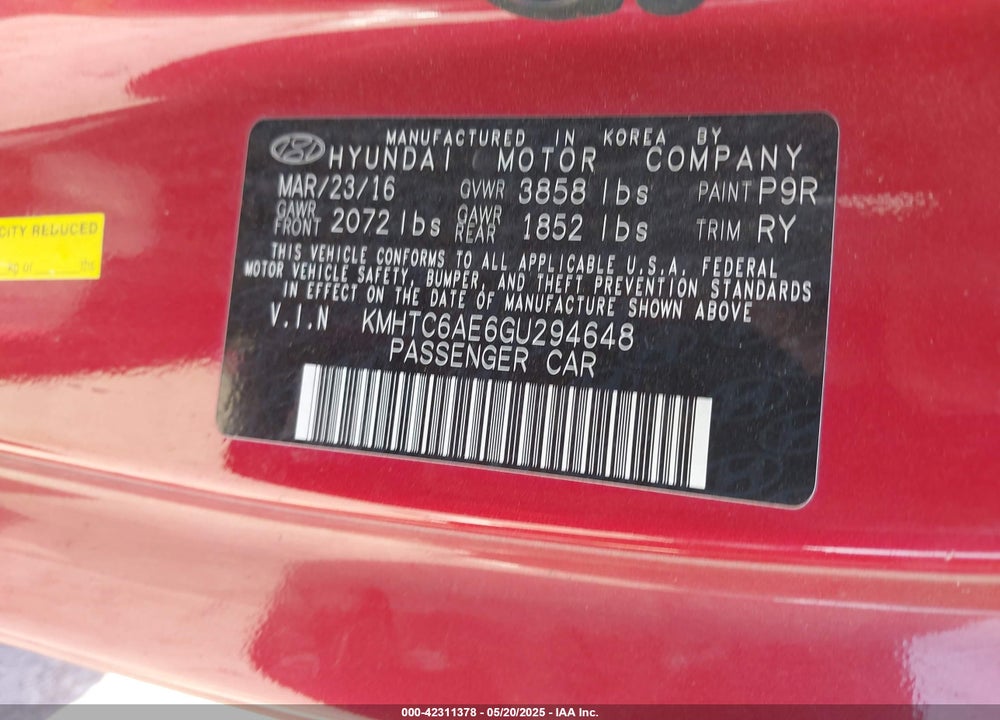 2016 HYUNDAI VELOSTER VIN: KMHTC6AE6GU294648