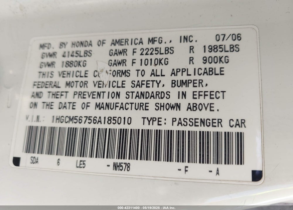 2006 HONDA ACCORD 2.4 EX VIN: 1HGCM56756A185010