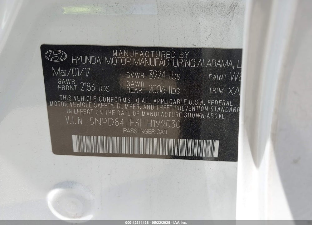 2017 HYUNDAI ELANTRA VALUE EDITION VIN: 5NPD84LF3HH199030