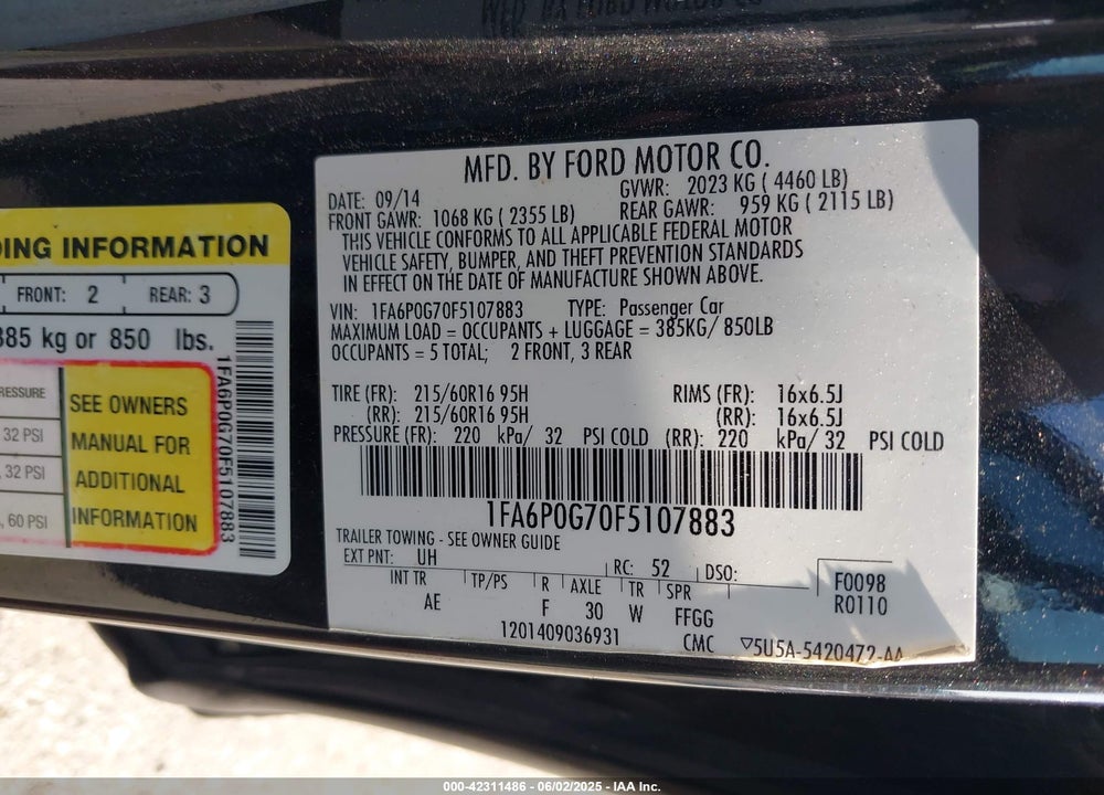 2015 FORD FUSION VIN: 1FA6P0G70F5107883