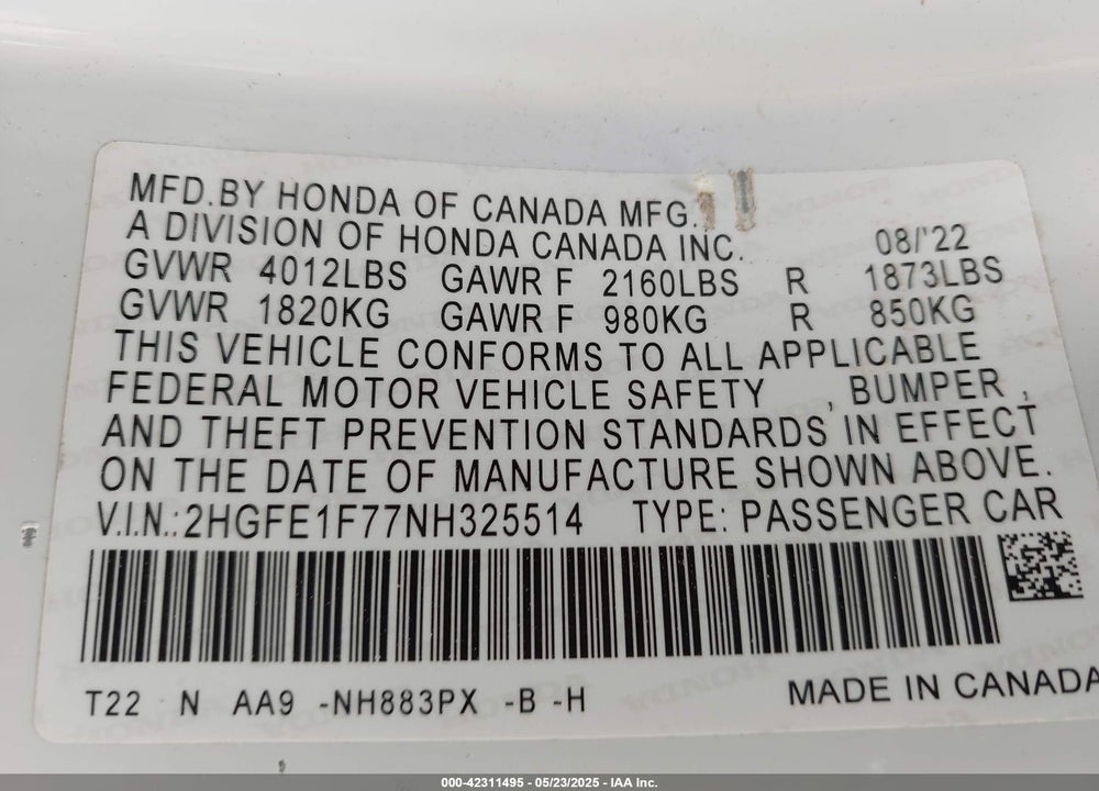 2022 HONDA CIVIC EX VIN: 2HGFE1F77NH325514