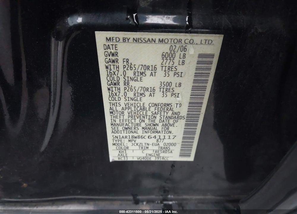 2006 NISSAN PATHFINDER VIN: 5N1AR18W86C641117