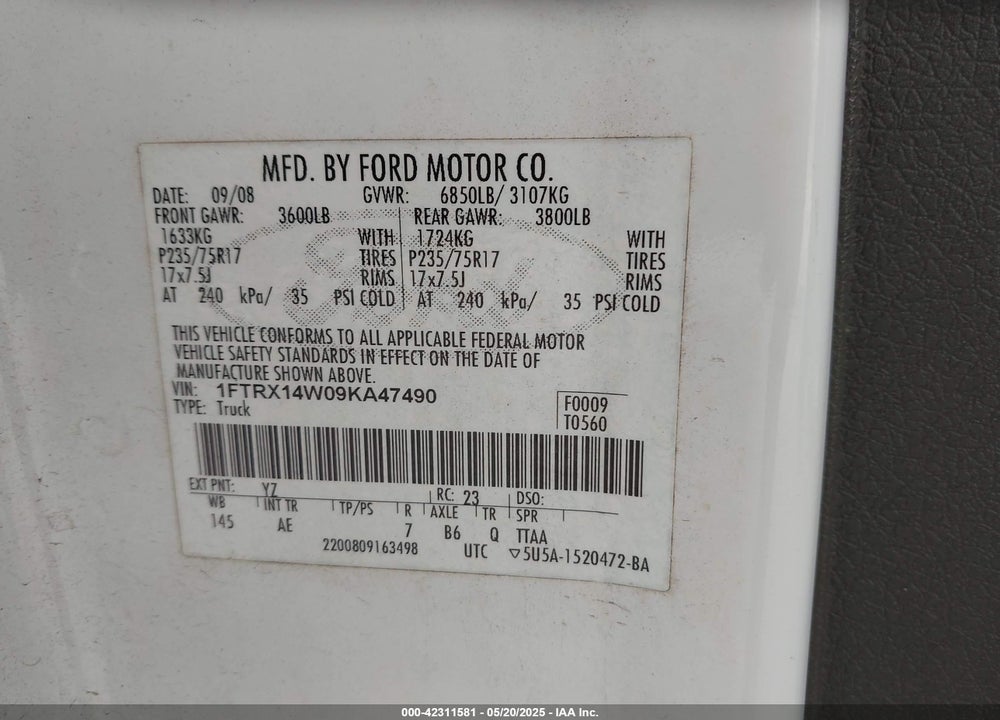 2009 FORD F-150 VIN: 1FTRX14W09KA47490