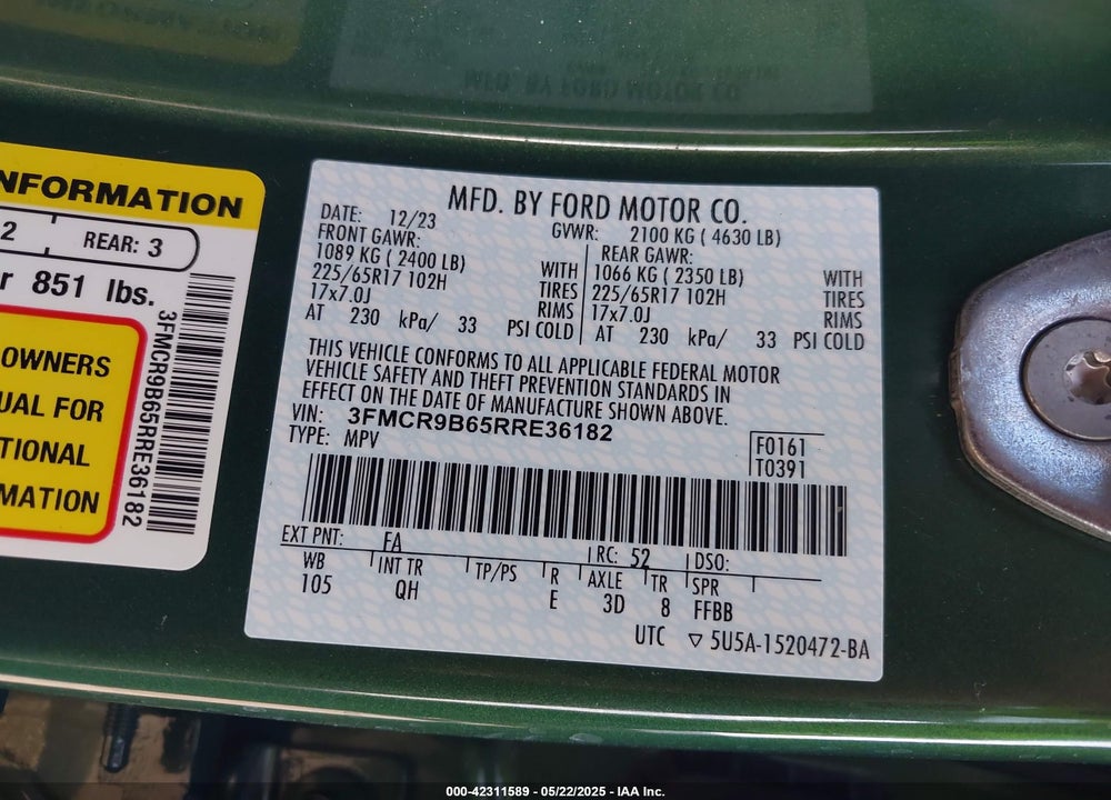 2024 FORD BRONCO SPORT BIG BEND VIN: 3FMCR9B65RRE36182