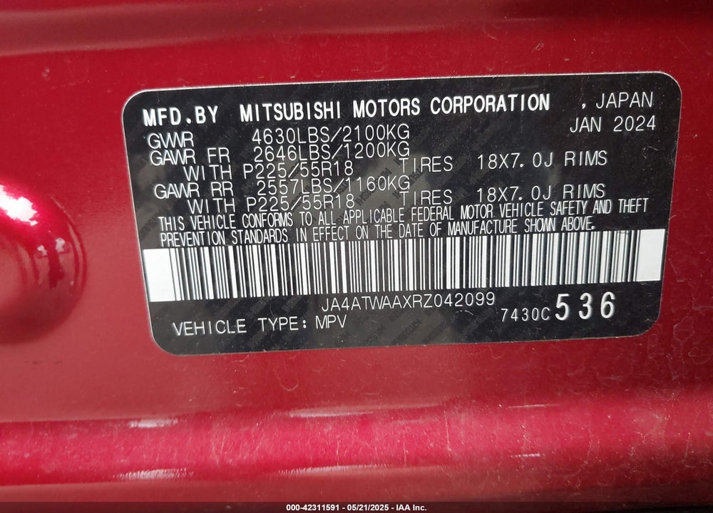 2024 MITSUBISHI ECLIPSE CROSS SE S-AWC/SEL S-AWC VIN: JA4ATWAAXRZ042099