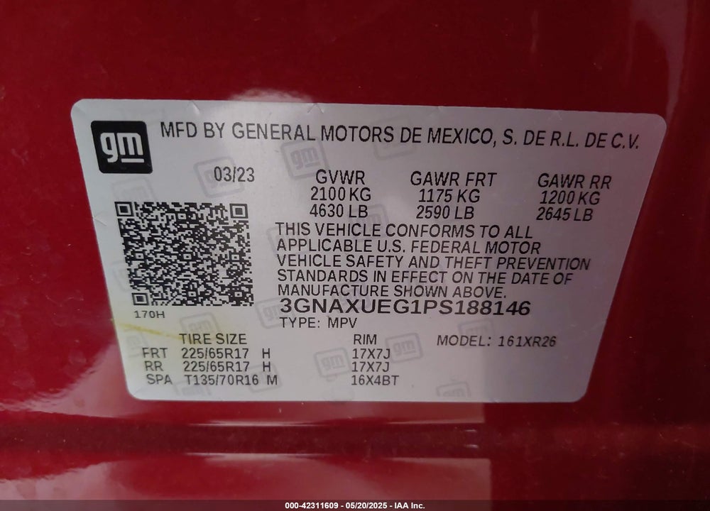 2023 CHEVROLET EQUINOX VIN: 3GNAXUEG1PS188146