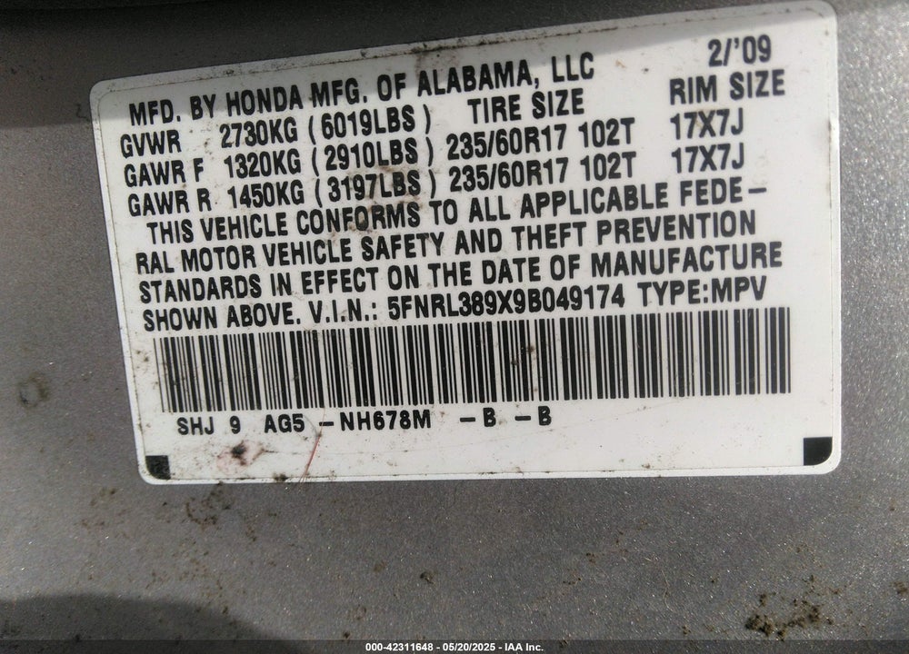 2009 HONDA ODYSSEY TOURING VIN: 5FNRL389X9B049174