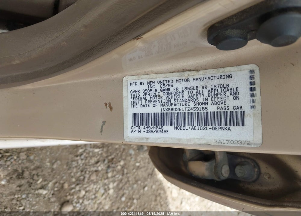 1996 TOYOTA COROLLA DX VIN: 1NXBB02E1TZ459185