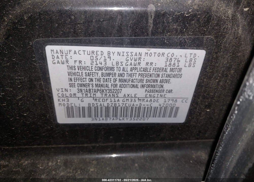 2019 NISSAN SENTRA VIN: 3N1AB7AP6KY352207