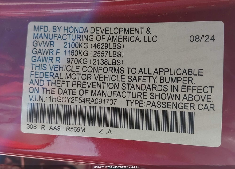 2024 HONDA ACCORD VIN: 1HGCY2F54RA091707