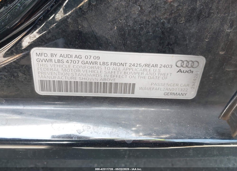 2010 AUDI A4 2.0T PREMIUM VIN: WAUEFAFL2AN011322