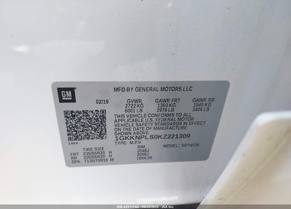 2019 GMC ACADIA VIN: 1GKKNPLS0KZ221309