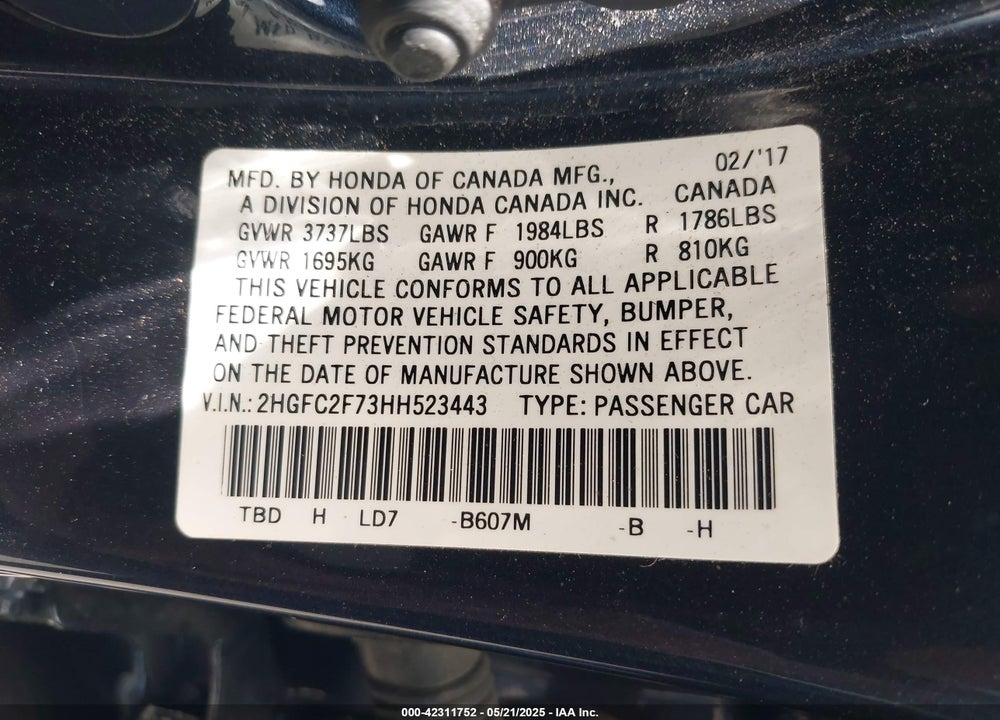 2017 HONDA CIVIC EX VIN: 2HGFC2F73HH523443