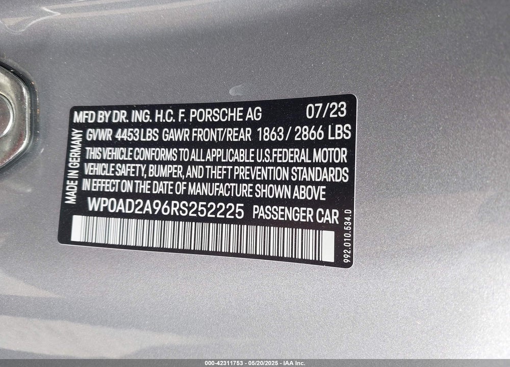 2024 PORSCHE 911 VIN: WP0AD2A96RS252225