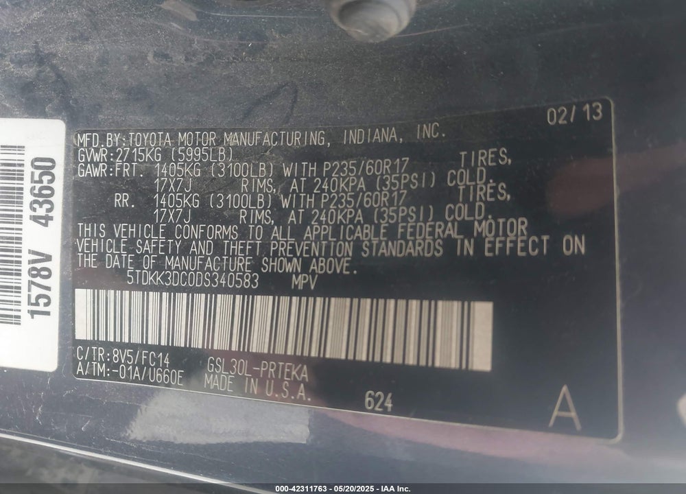 2013 TOYOTA SIENNA VIN: 5TDKK3DC0DS340583