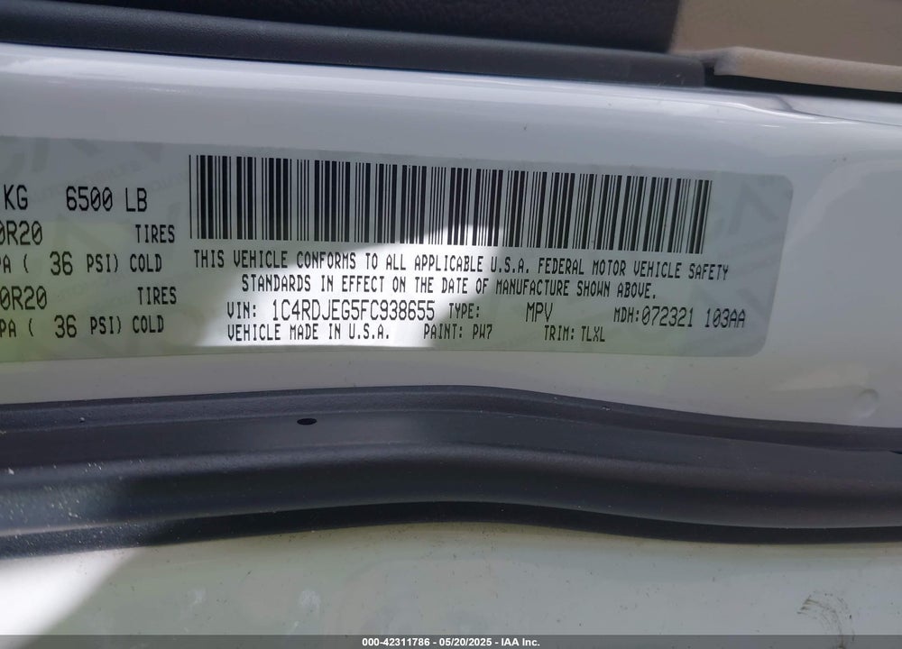 2015 DODGE DURANGO VIN: 1C4RDJEG5FC938655