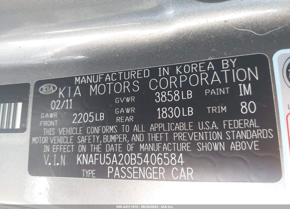 2011 KIA FORTE EX VIN: KNAFU5A20B5406584