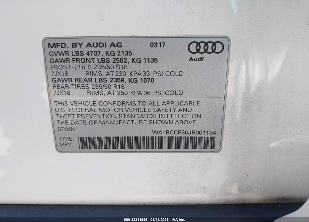 2018 AUDI Q3 PREMIUM VIN: WA1BCCFS0JR001134