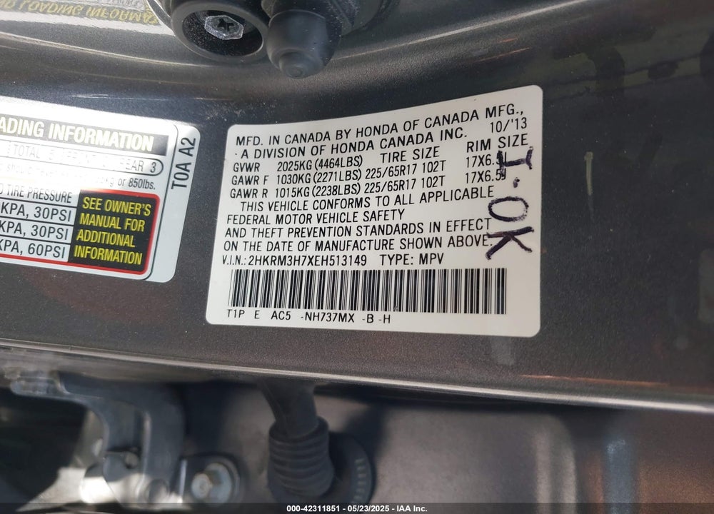 2014 HONDA CR-V VIN: 2HKRM3H7XEH513149