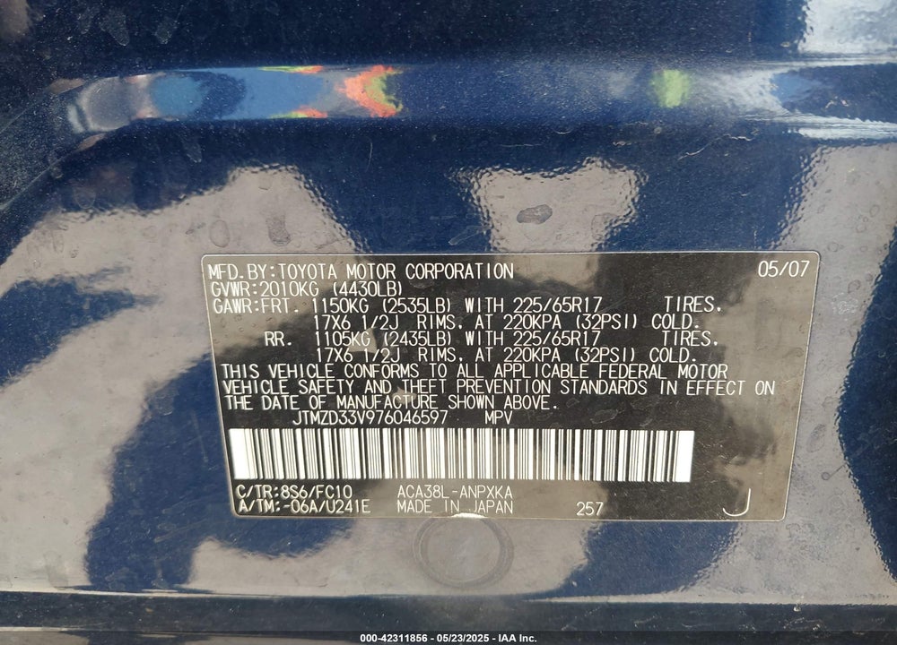 2007 TOYOTA RAV4 VIN: JTMZD33V976046597