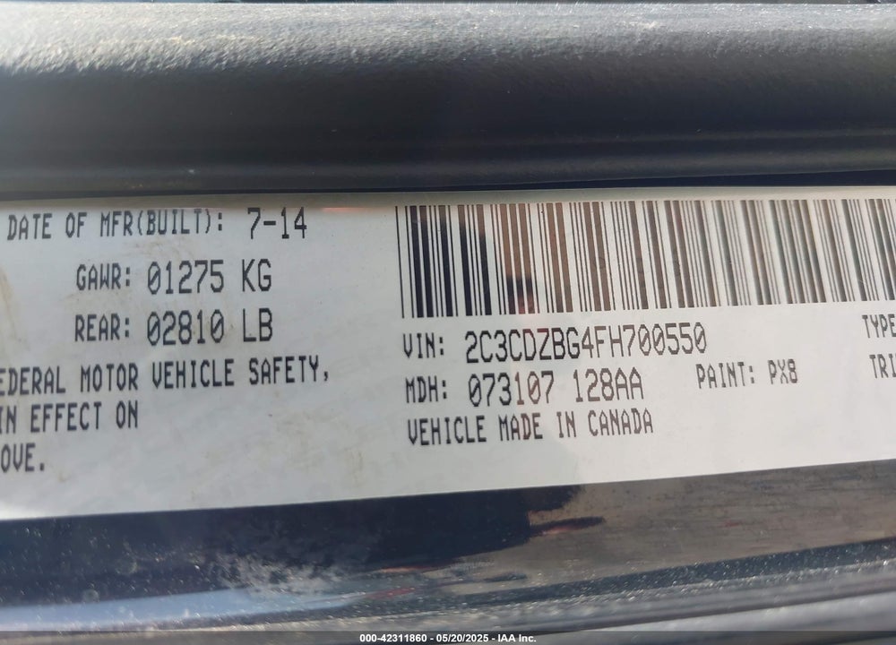 2015 DODGE CHALLENGER VIN: 2C3CDZBG4FH700550