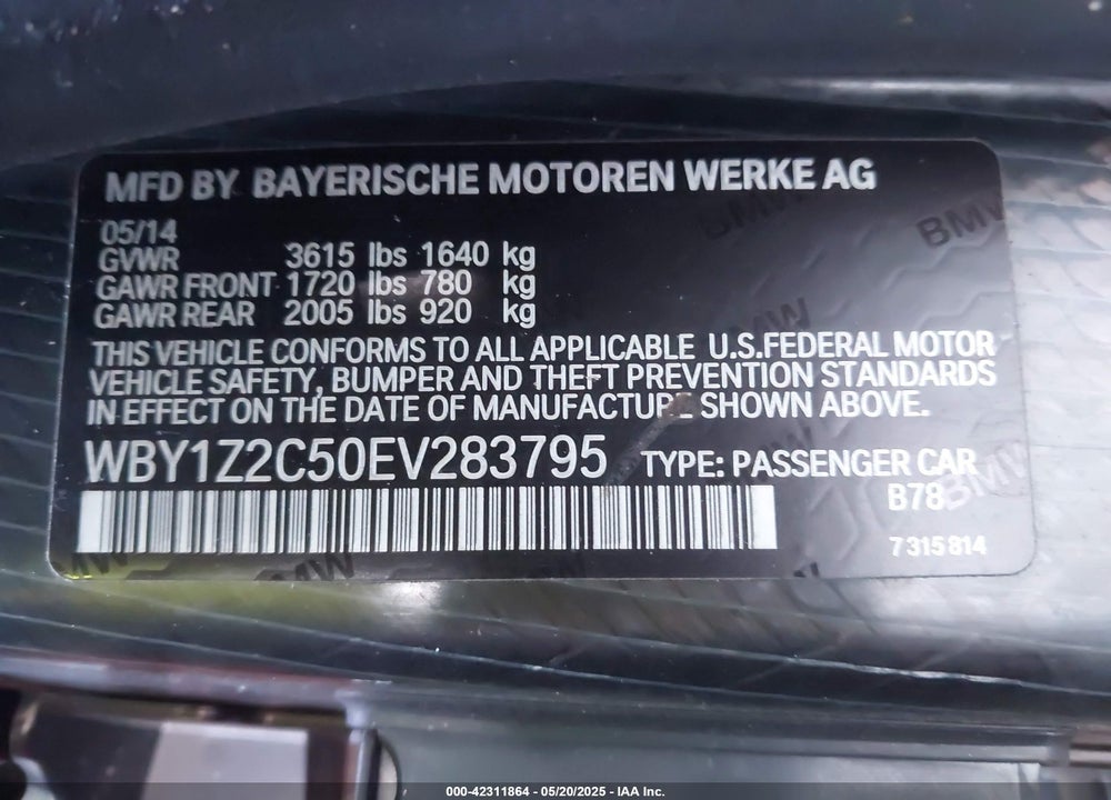 2014 BMW I3 VIN: WBY1Z2C50EV283795