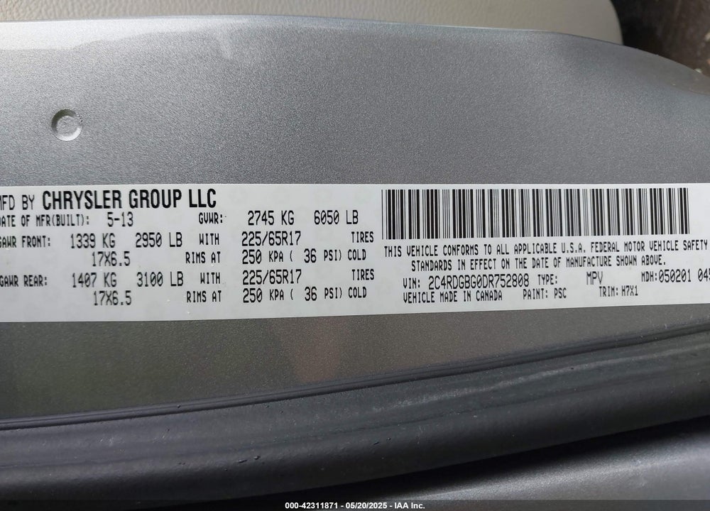 2013 DODGE GRAND CARAVAN SE VIN: 2C4RDGBG0DR752808